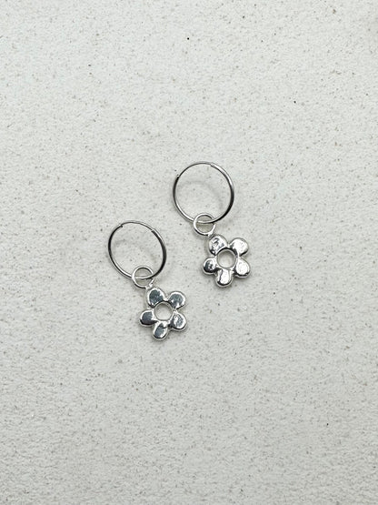 Chunky Flower Drop Charm Earrings Silver