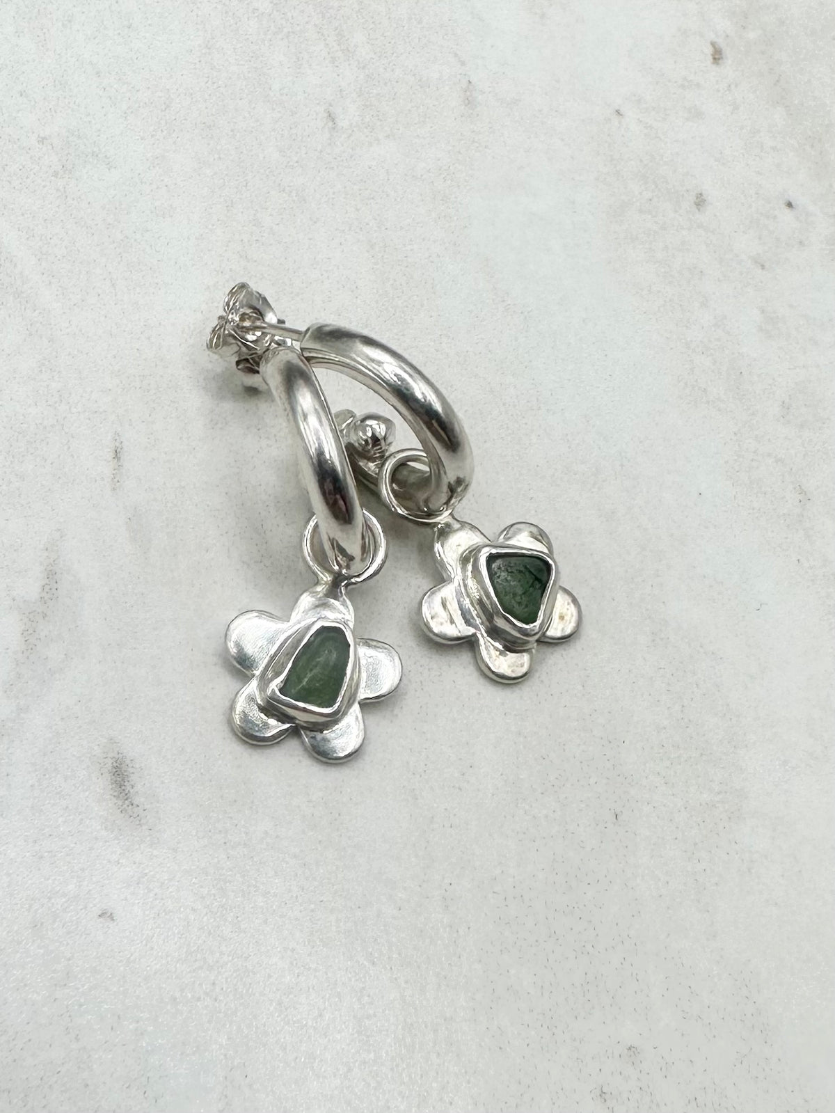 Green Seaglass Flower Charms Silver