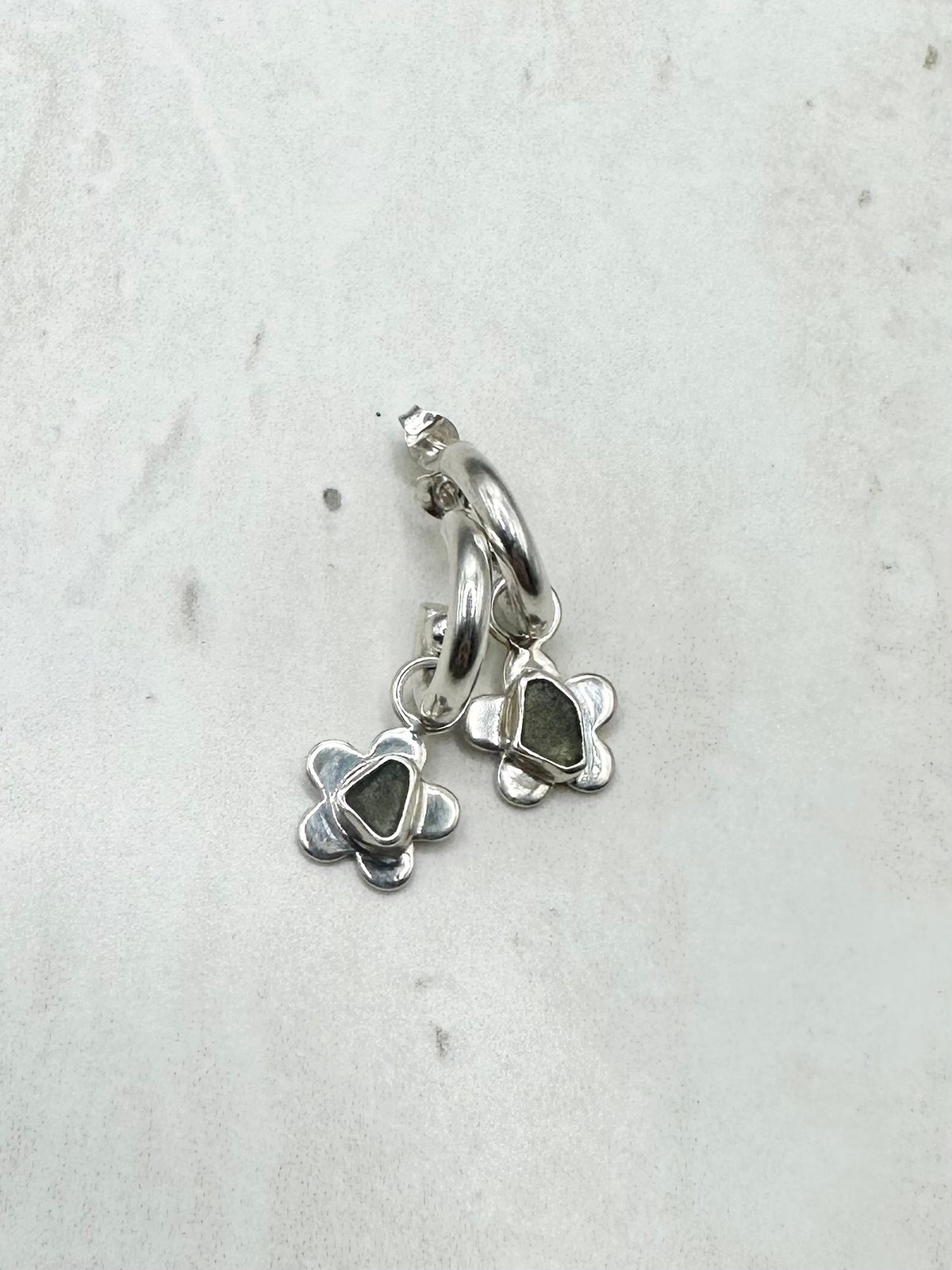 Green Seaglass Flower Charms Silver