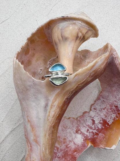 Silver Seaglass Ring in Green & Blue