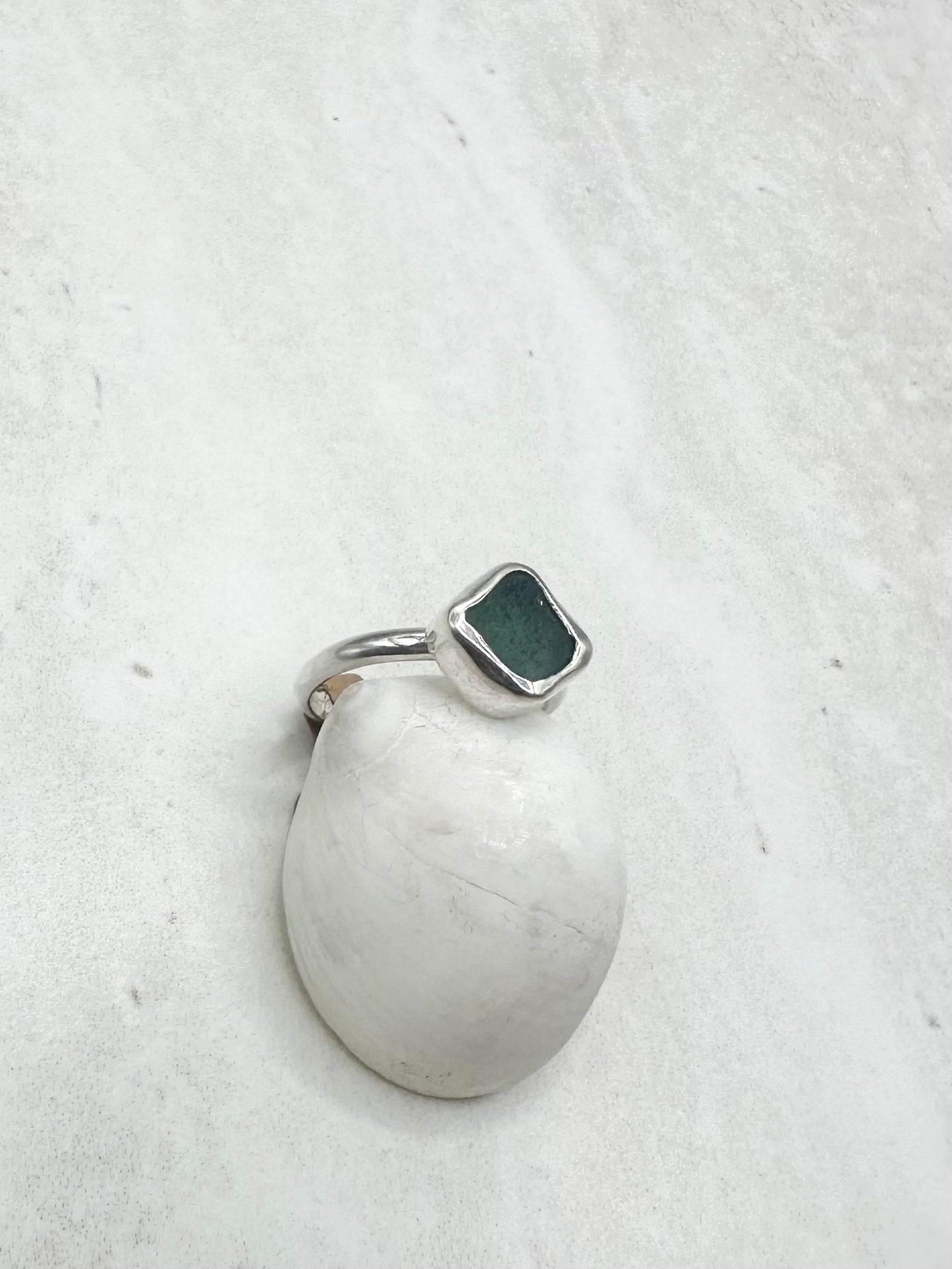 Teal Seaglass Ring Silver - J