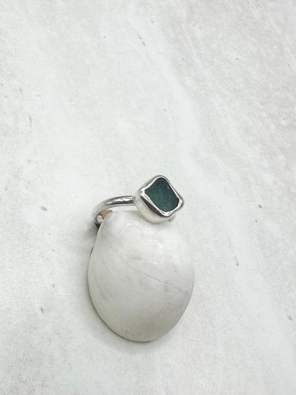 Teal Seaglass Ring Silver - J