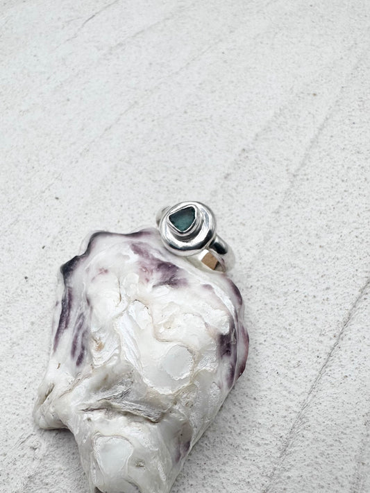 Teal Seaglass Ring Silver