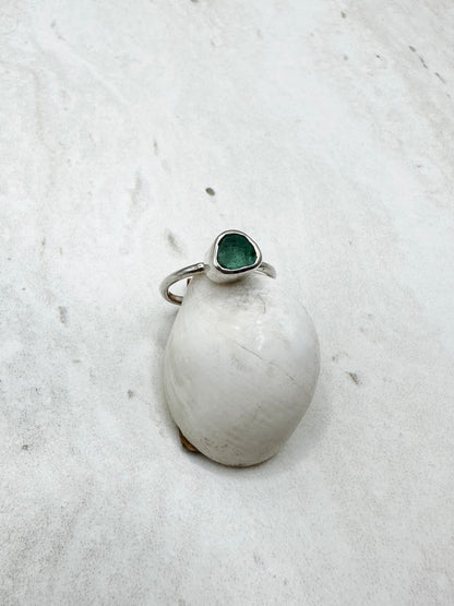 Teal Seaglass Ring Silver - I