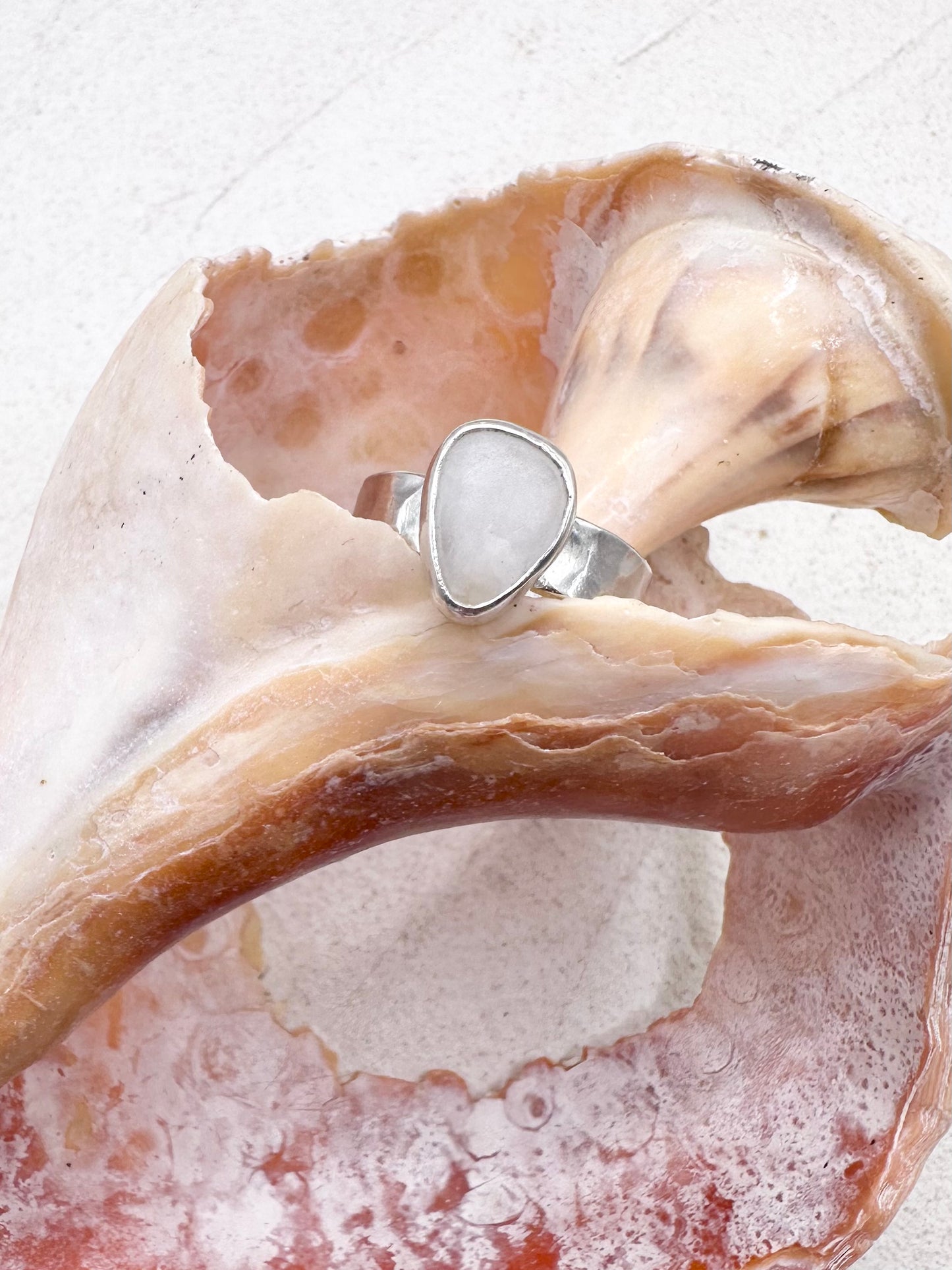 Silver Seaglass Ring in White Stone