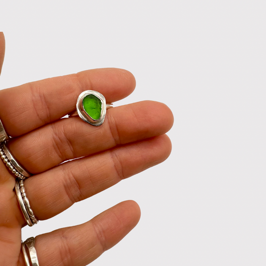 Sterling Silver & Seaglass Ring in Bright Green