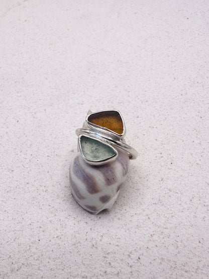 Blue & Amber Seaglass Ring Silver