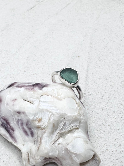 Teal Seaglass Ring Silver