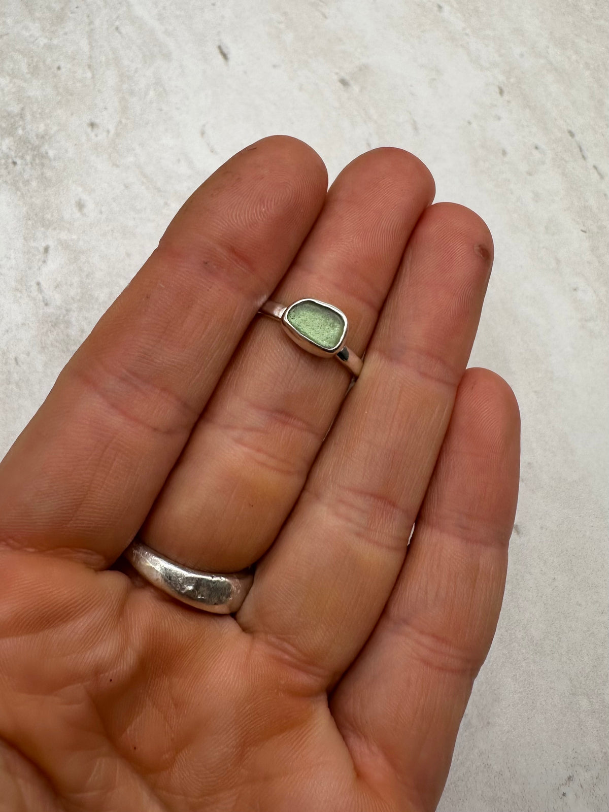 Green Seaglass Ring Silver - O