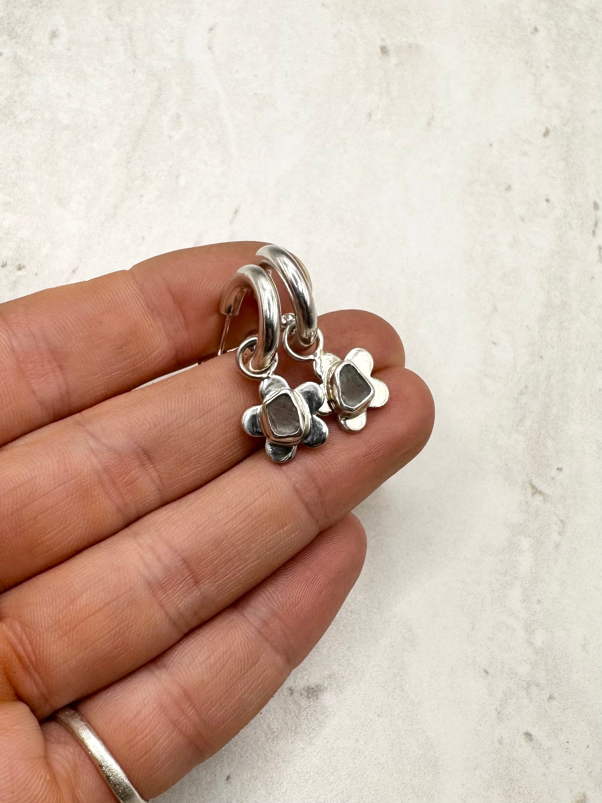 Light Blue Seaglass Flower Charms Silver