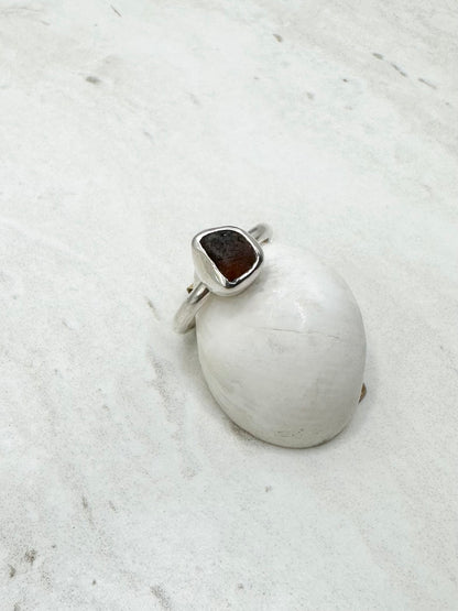 Amber Seaglass Ring Silver - L