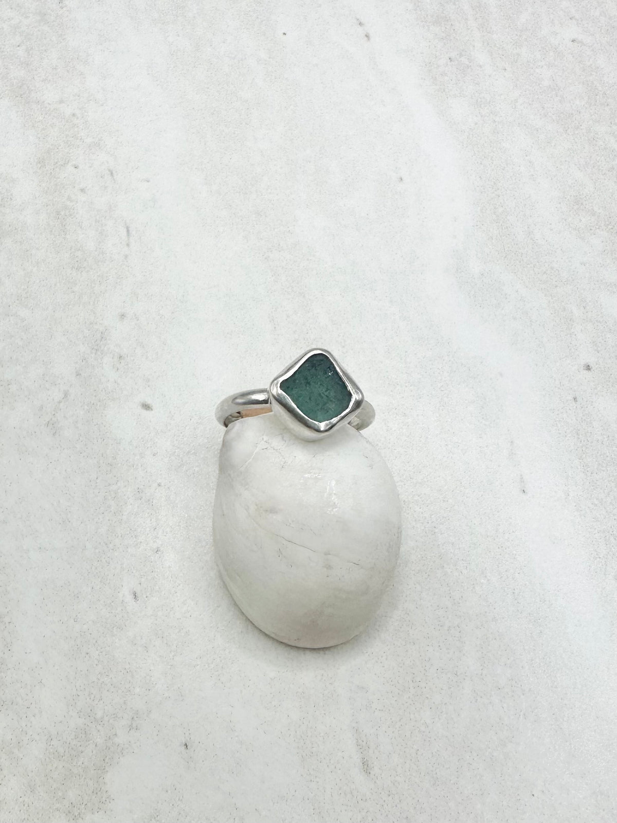 Teal Seaglass Ring Silver - J