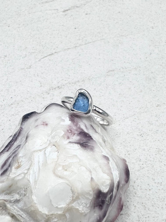 Silver Seaglass Ring in Blue