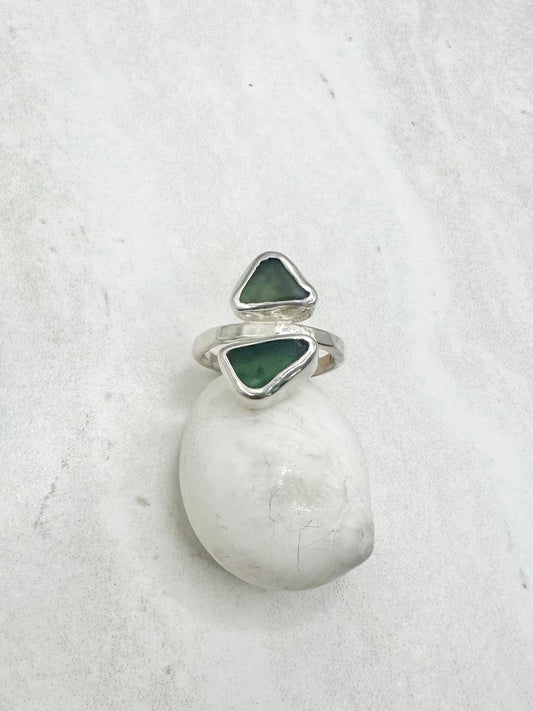 Green Seaglass Ring Silver - H