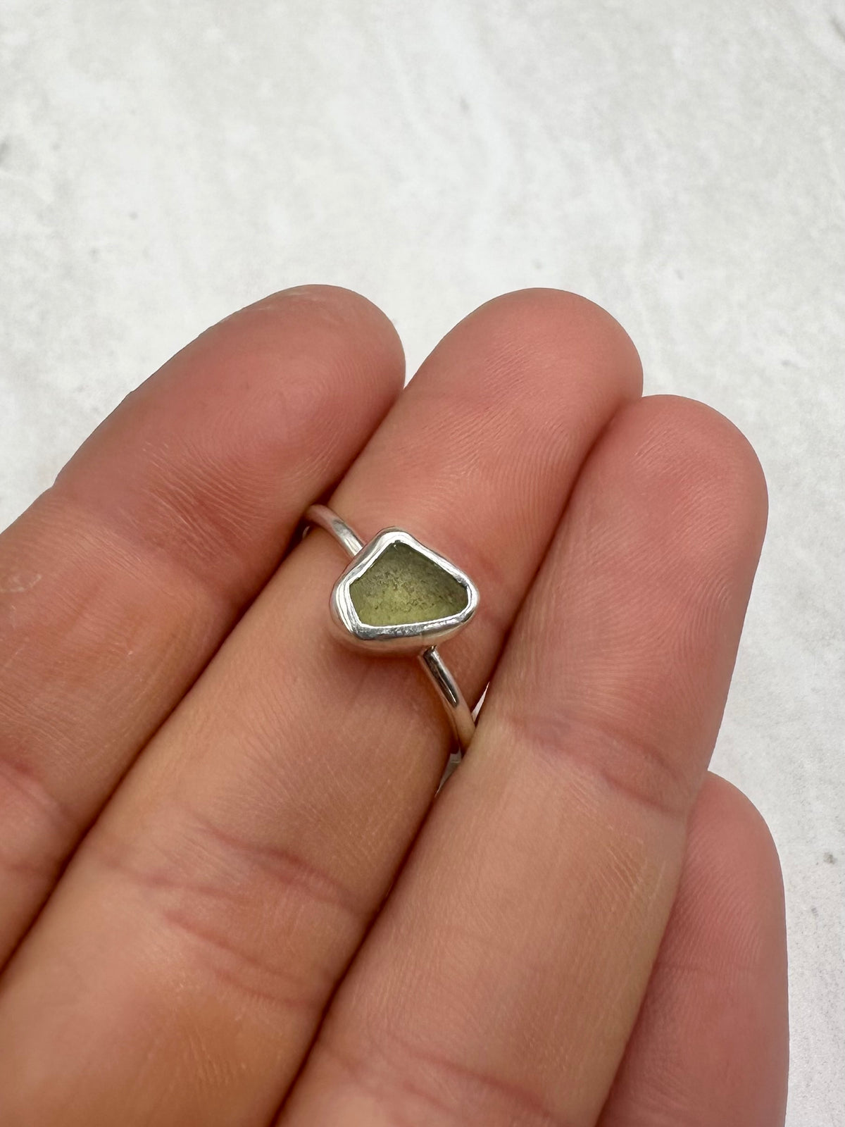 Light Green Seaglass Ring Silver - L
