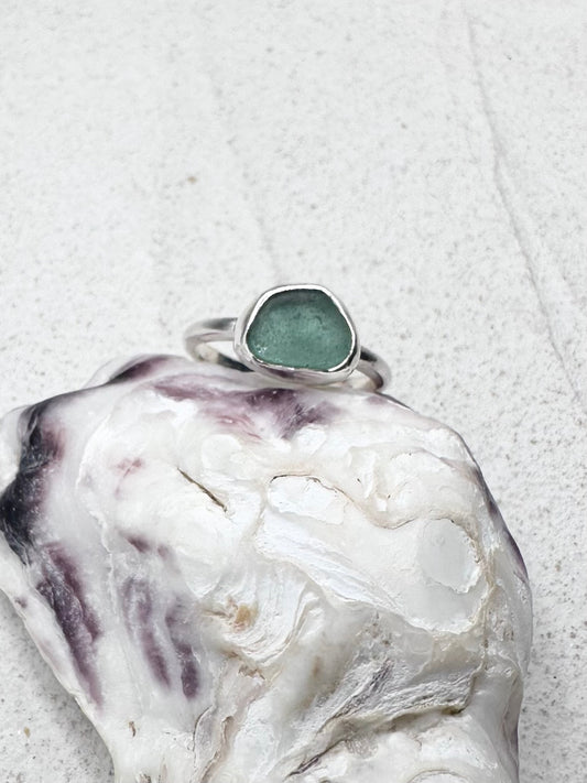 Teal Seaglass Ring Silver