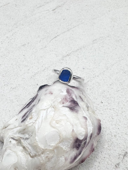 Silver Seaglass Ring in Blue