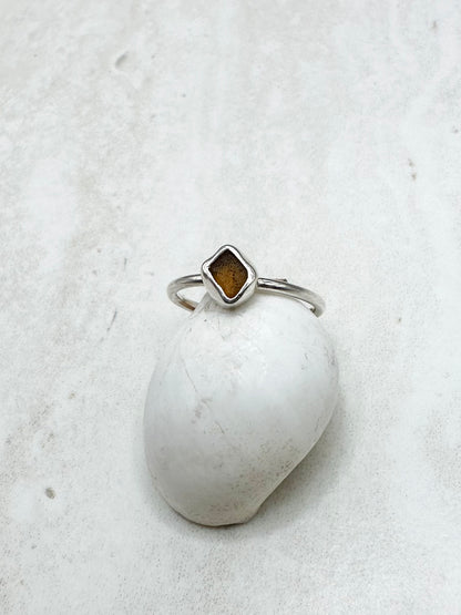 Amber Seaglass Ring Silver - L