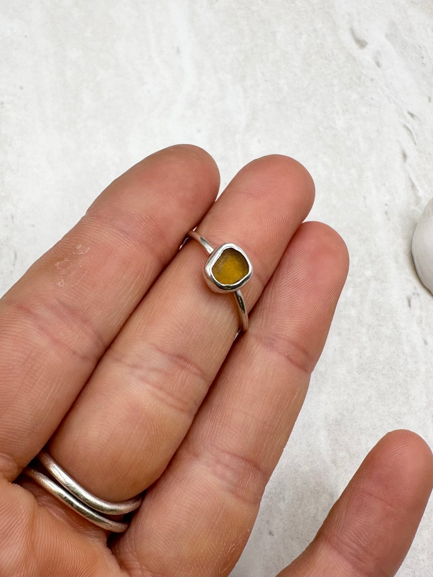 Amber Seaglass Ring Silver - N