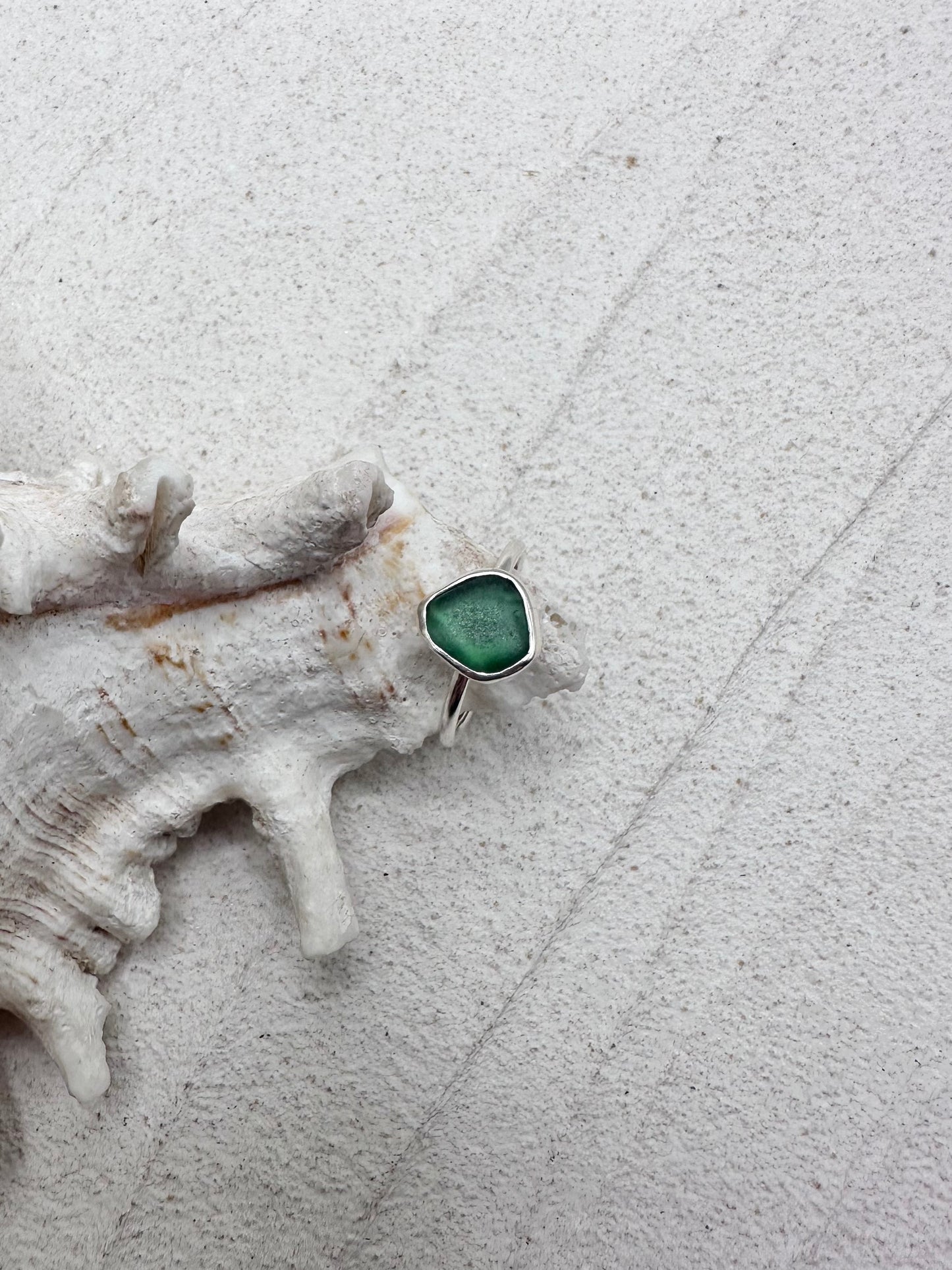 Silver Seaglass Ring in Deep Teal