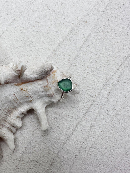 Silver Seaglass Ring in Deep Teal