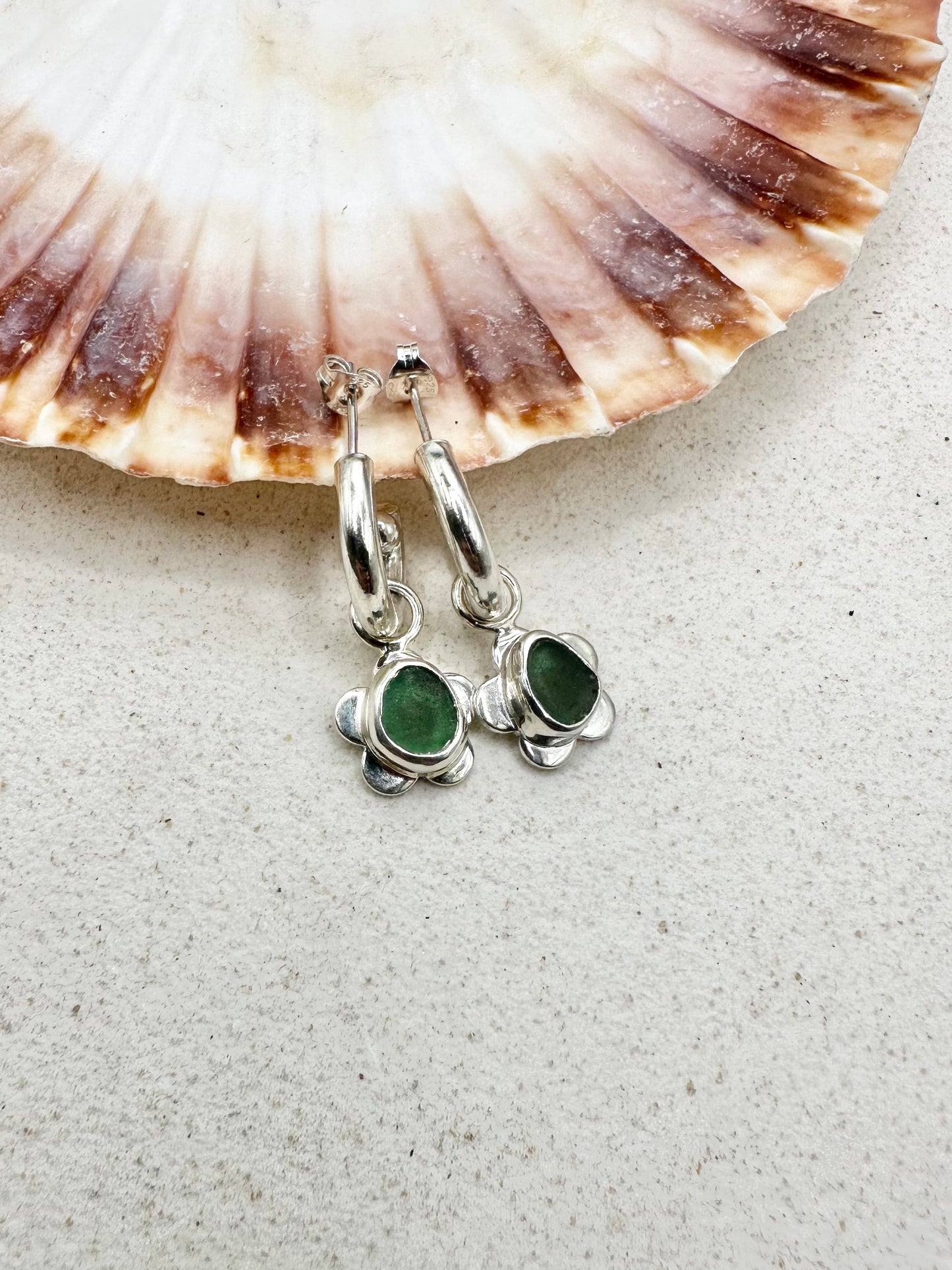 Green Seaglass Flower Charms Silver