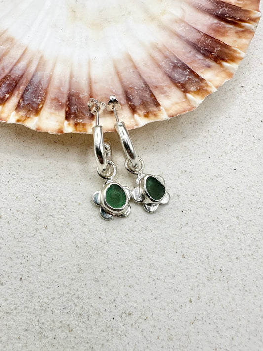 Green Seaglass Flower Charms Silver