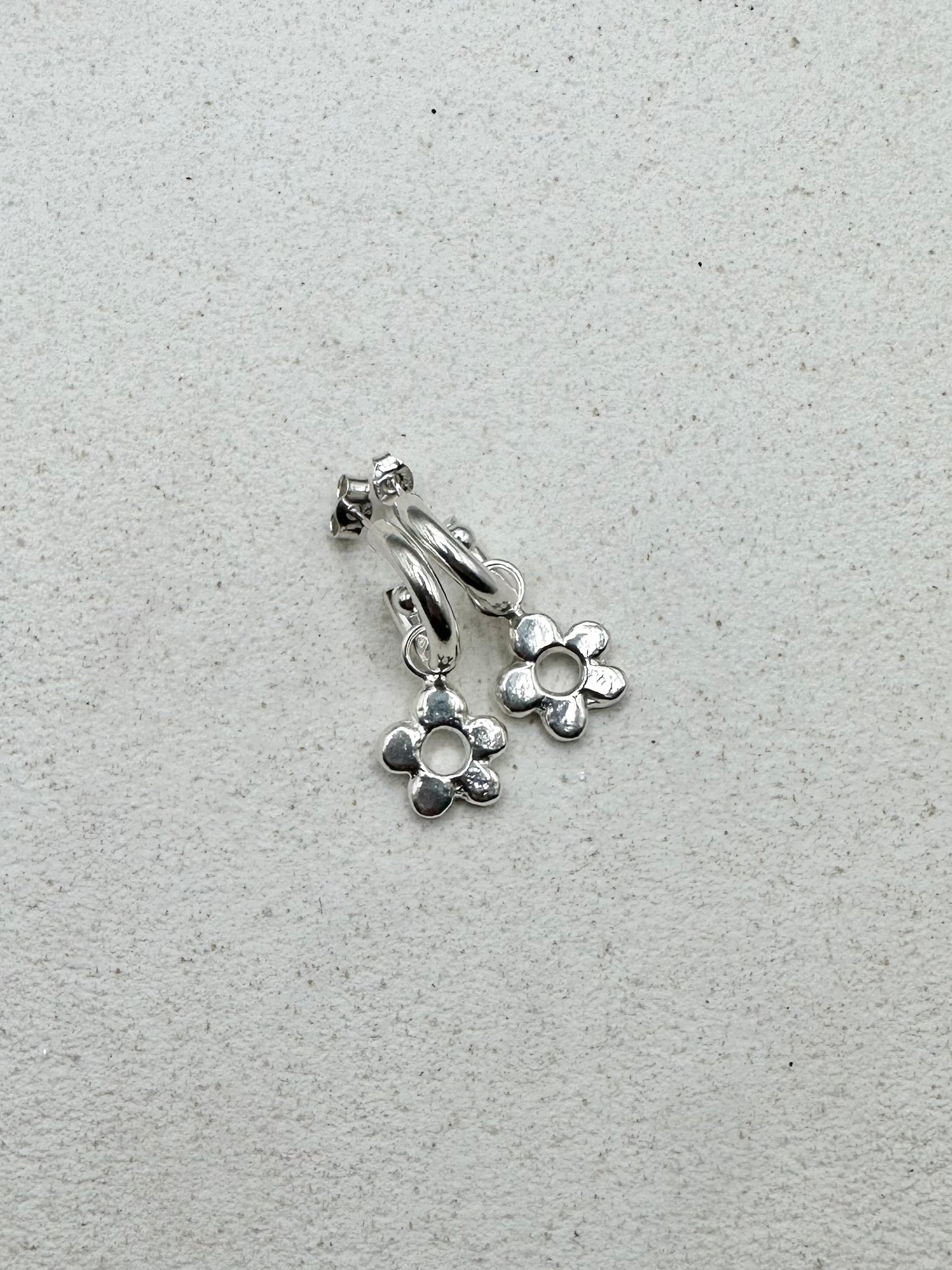 Chunky Flower Drop Charm Earrings Silver