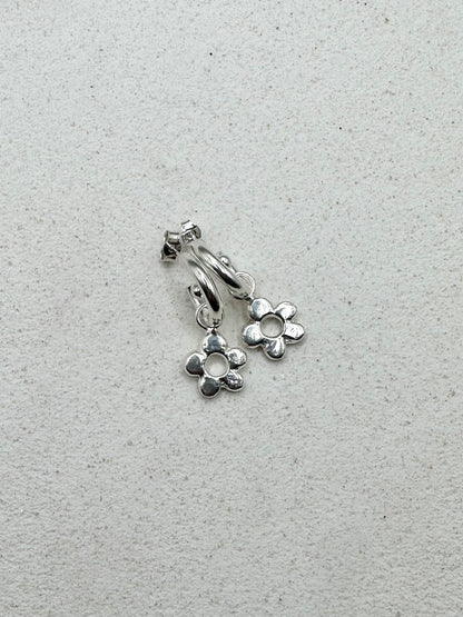 Chunky Flower Drop Charm Earrings Silver