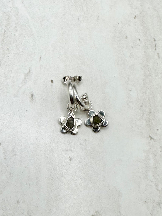 Green Seaglass Flower Charms Silver