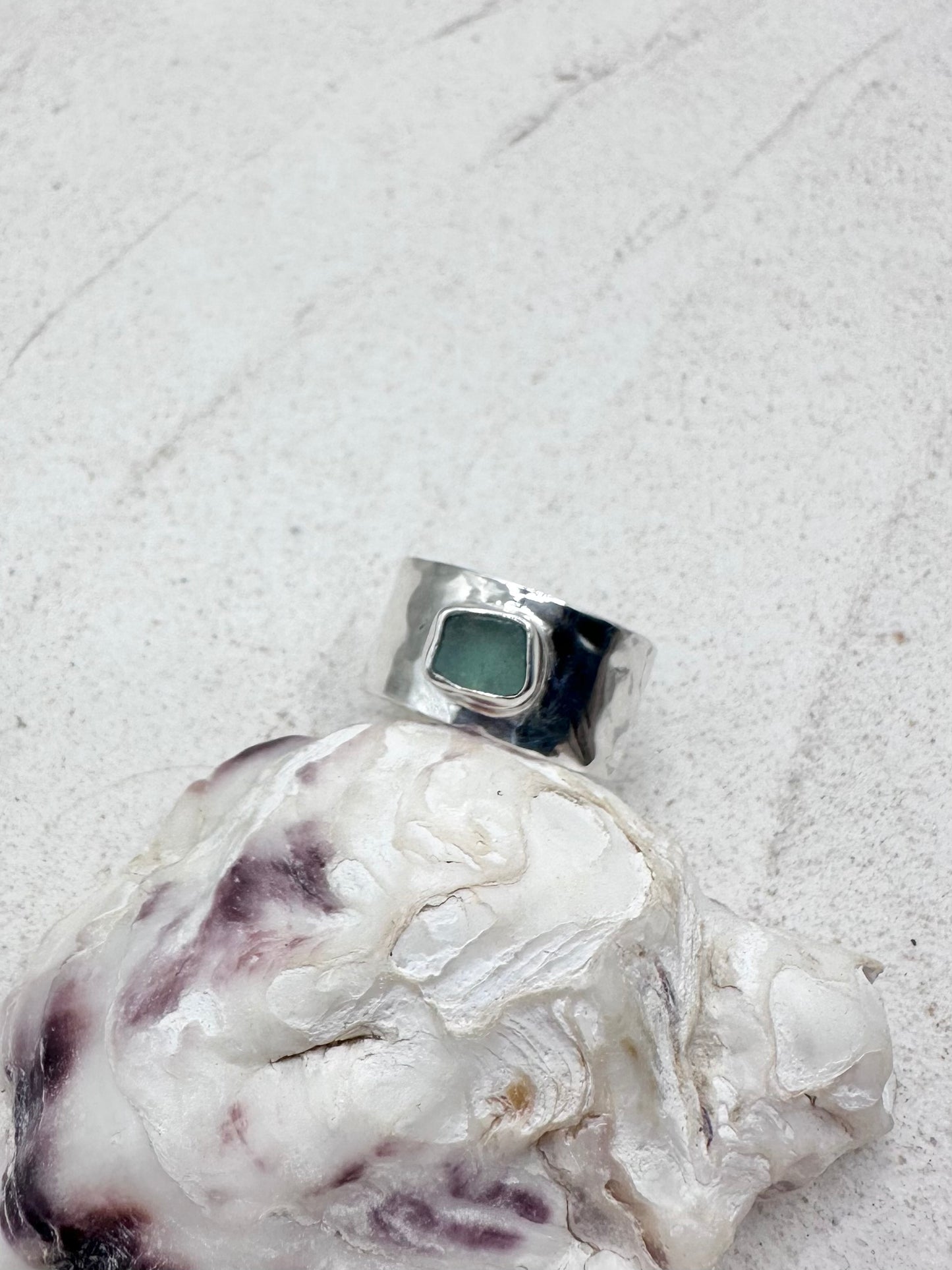 Teal Seaglass Ring Silver
