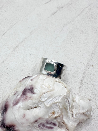 Teal Seaglass Ring Silver