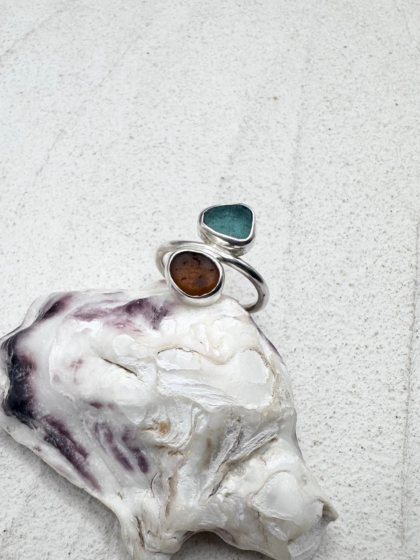 Teal & Amber Seaglass Ring Silver