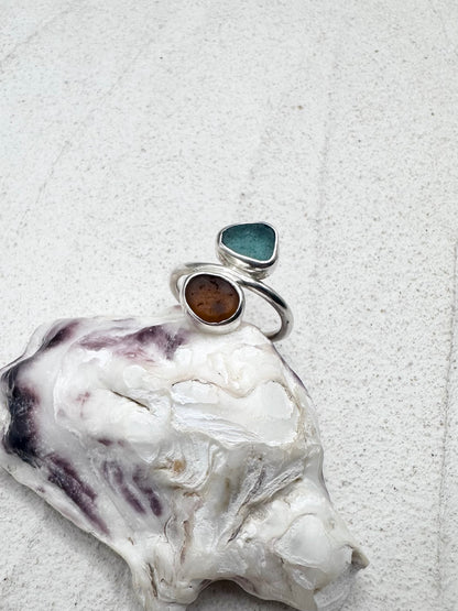 Teal & Amber Seaglass Ring Silver