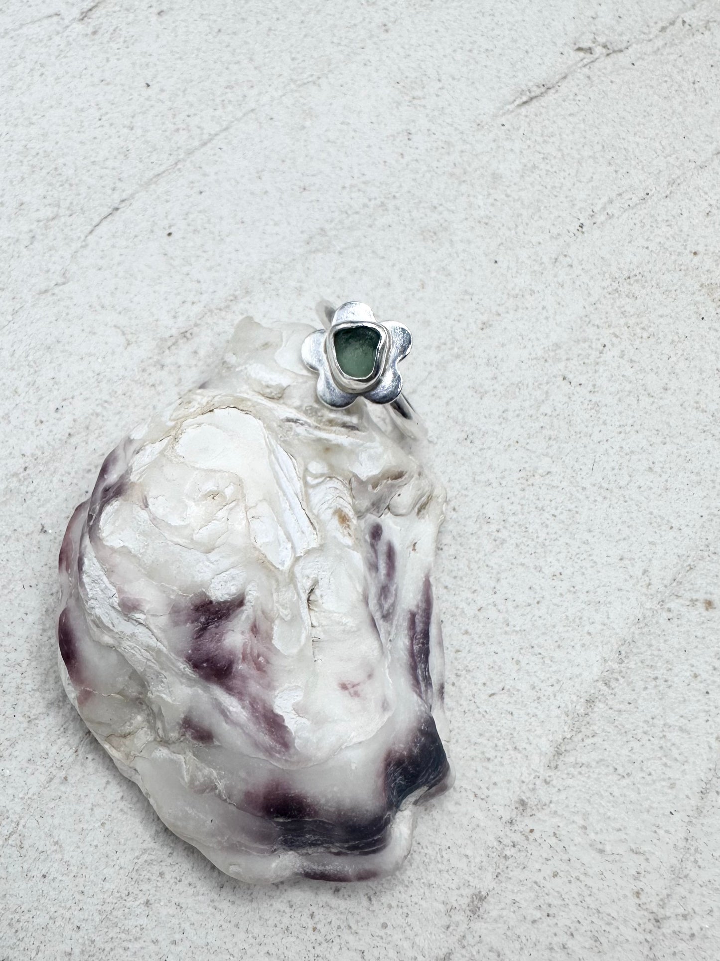 Green Seaglass Flower Ring Silver