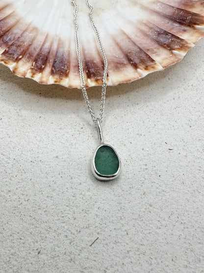 Teal Seaglass Pendant in Silver