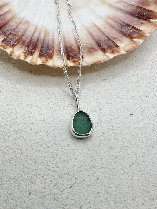 Teal Seaglass Pendant in Silver