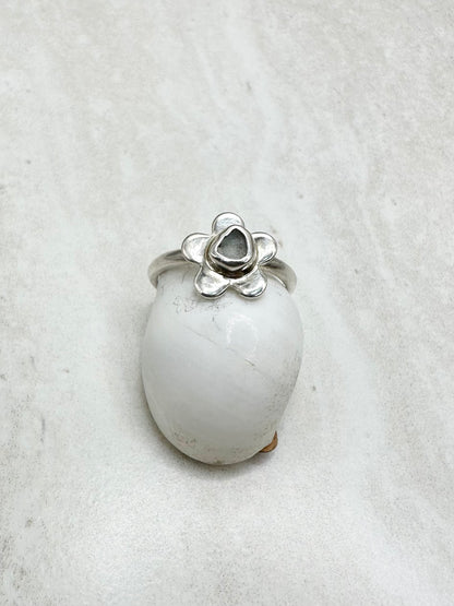 Light Blue Seaglass Flower Ring Silver - M