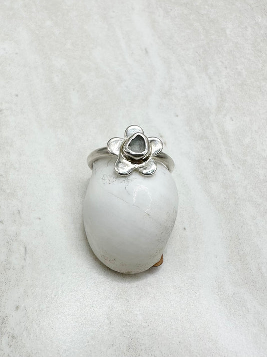 Light Blue Seaglass Flower Ring Silver - M