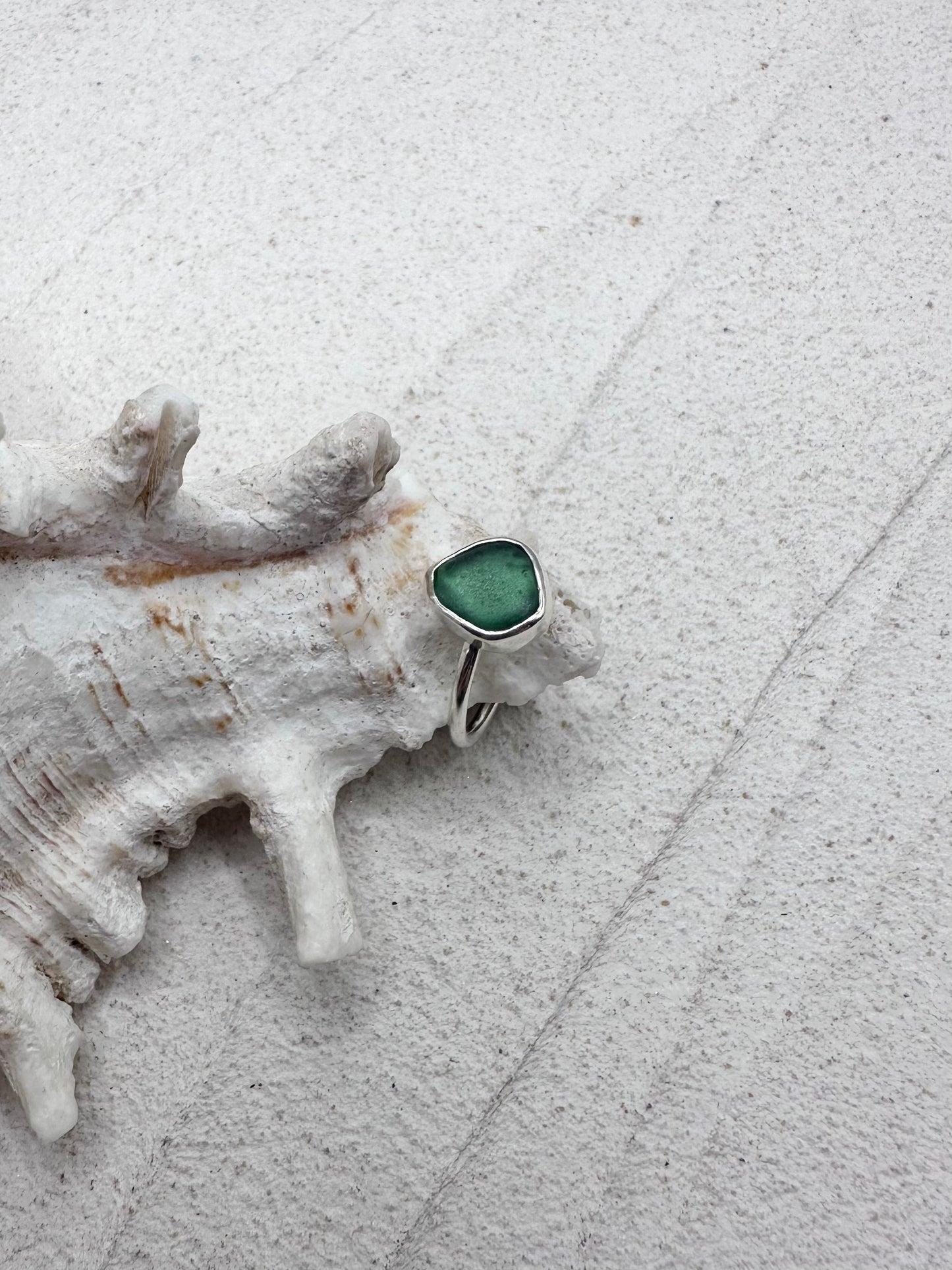 Silver Seaglass Ring in Deep Teal