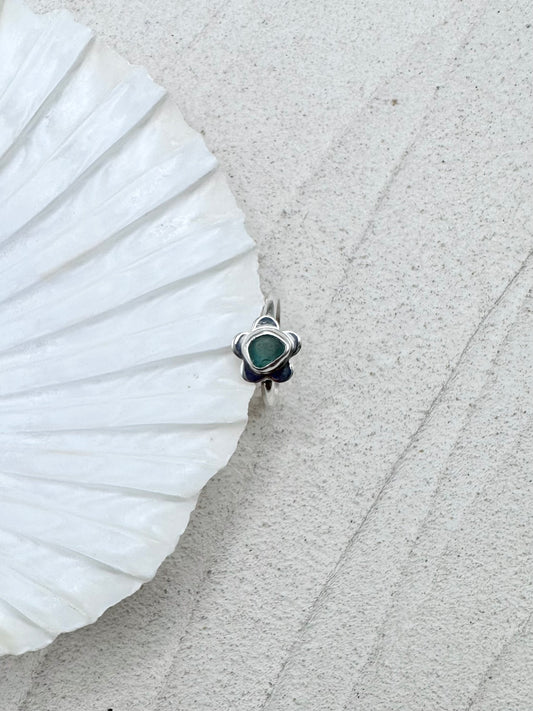 Flower Seaglass Ring in Teal