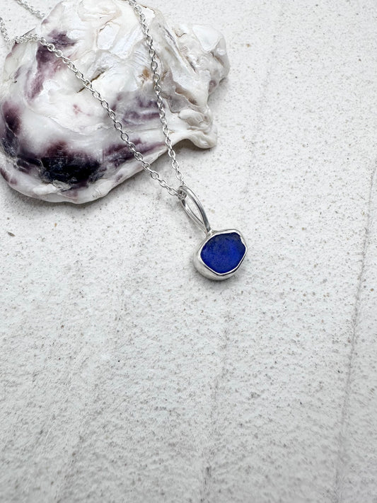 Blue Seaglass Pendant Silver