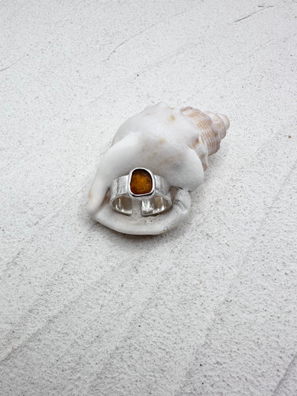 Silver Seaglass Ring in Amber