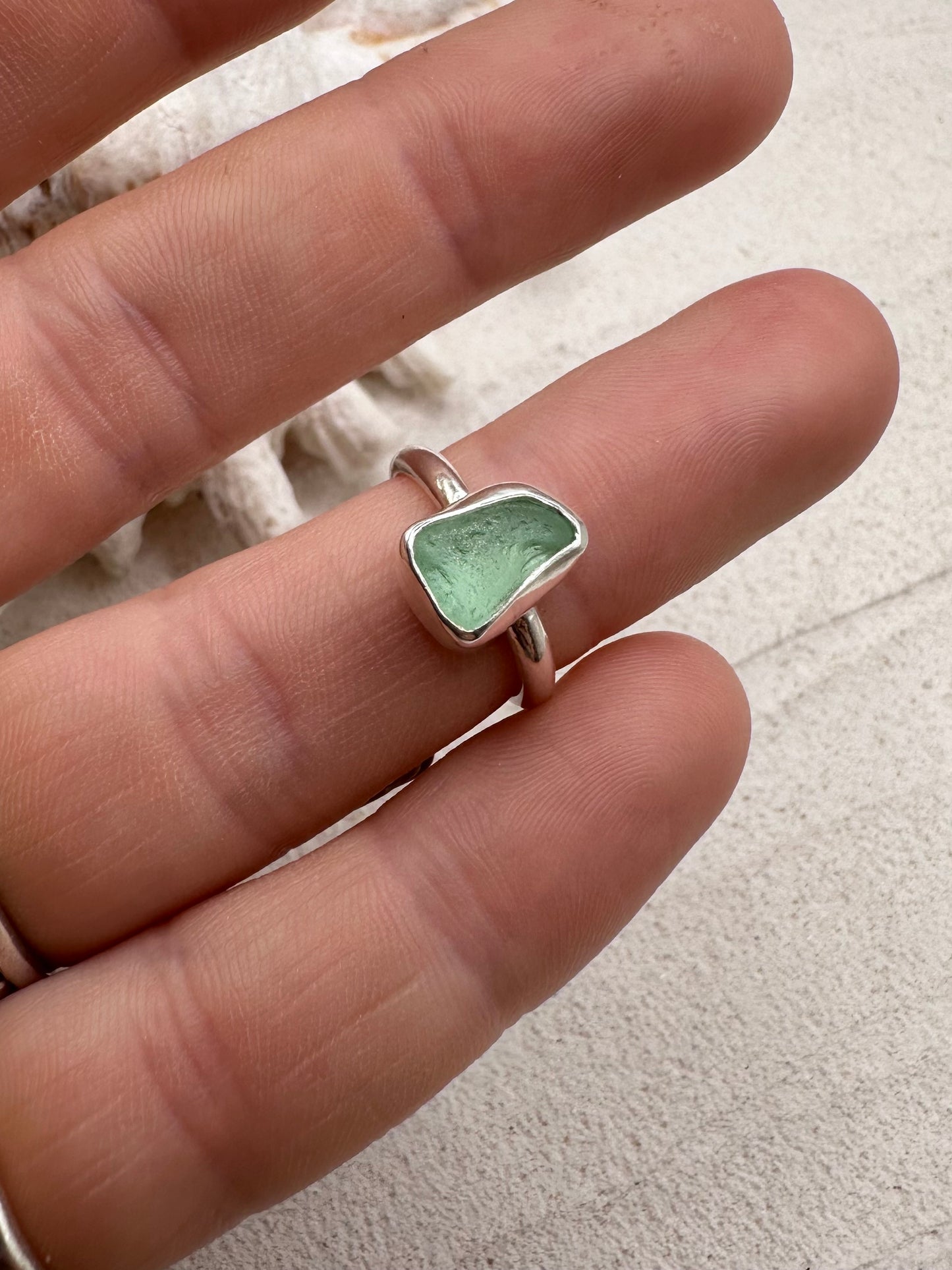 Silver Seaglass Ring in Light Blue