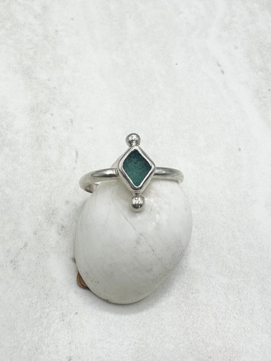 Teal Seaglass Ring Silver - P
