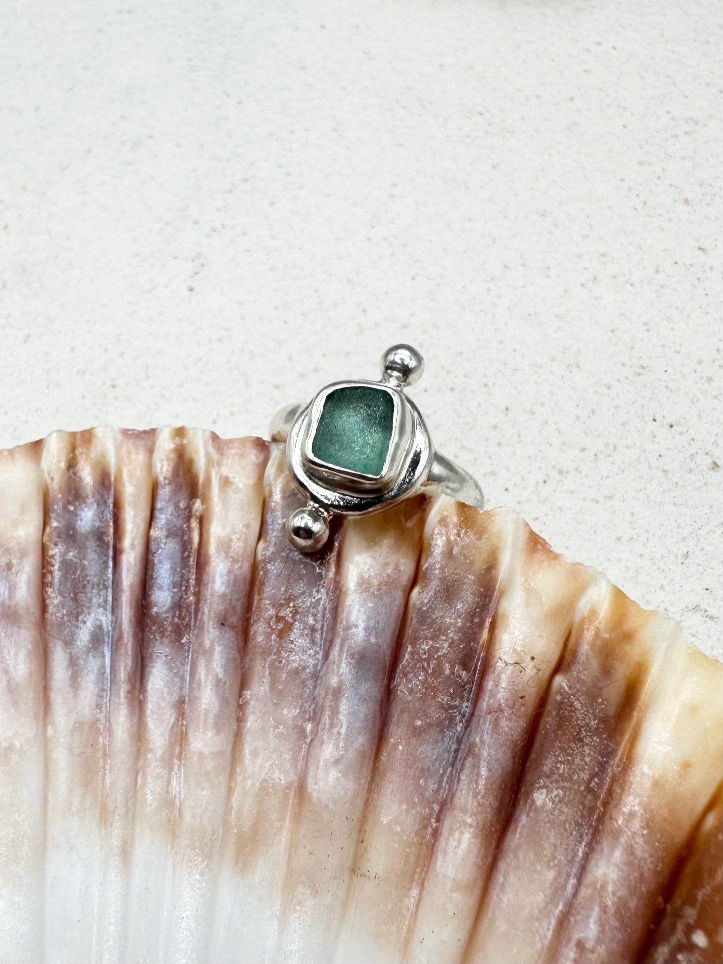 Teal Seaglass Ring Silver