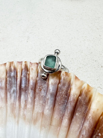 Teal Seaglass Ring Silver