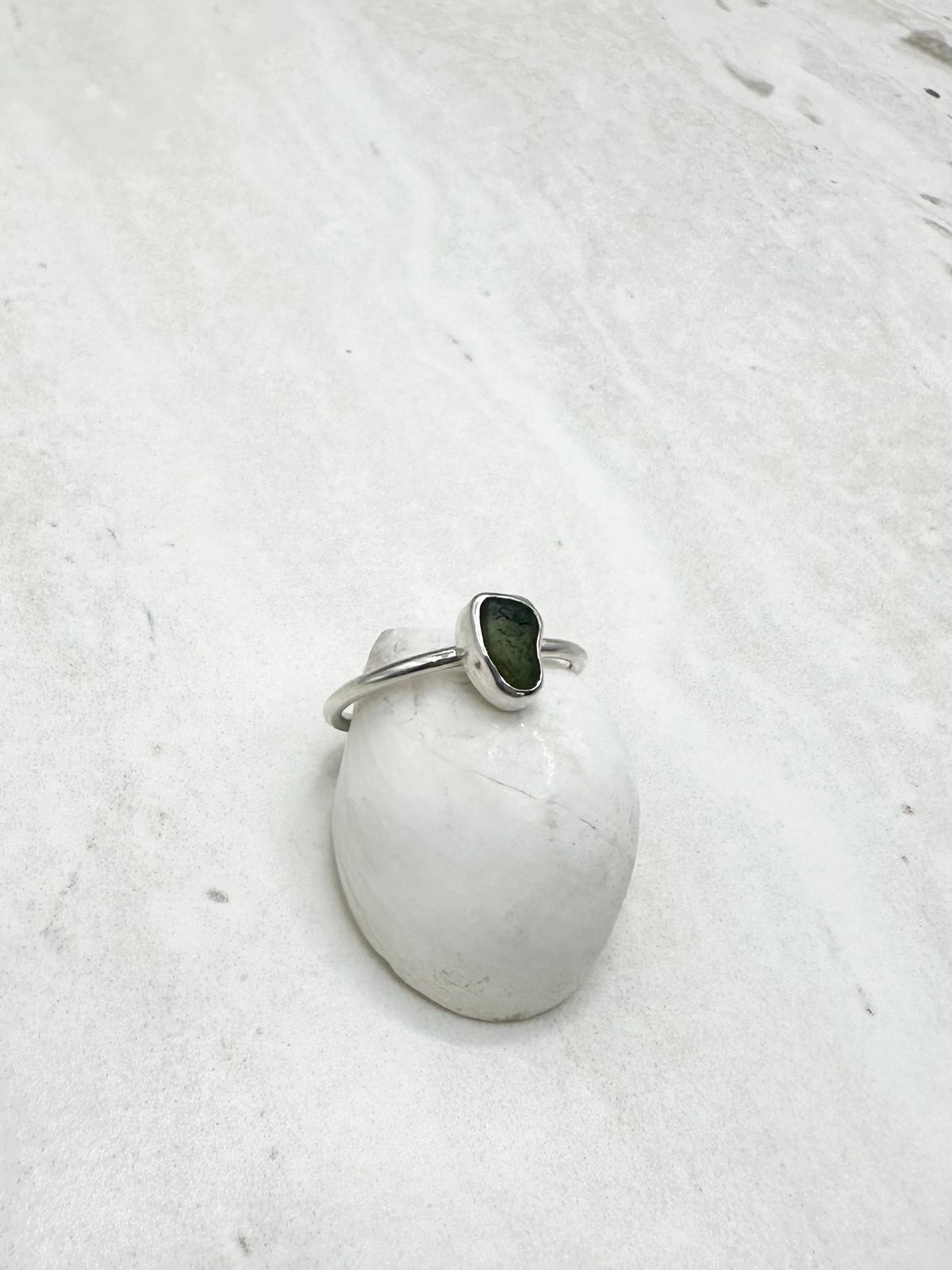 Green Seaglass Ring Silver - O