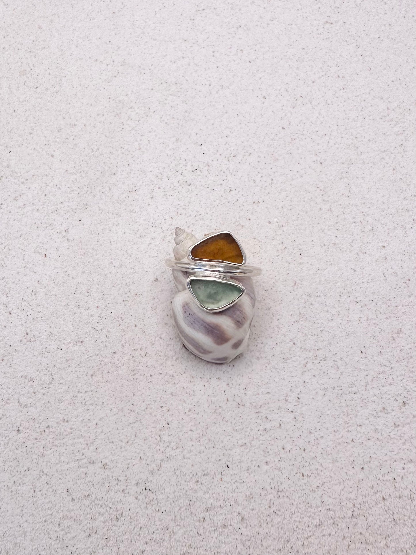 Blue & Amber Seaglass Ring Silver