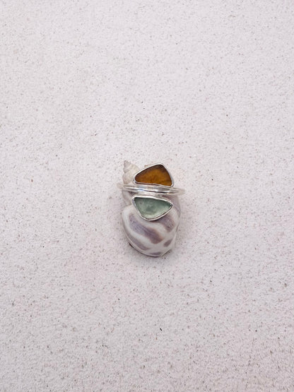 Blue & Amber Seaglass Ring Silver